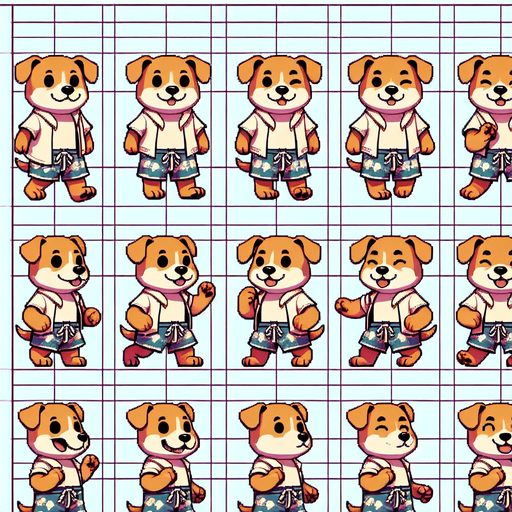 A spritesheet with a number of poses of an happy little dog in swimming trunks, smiling, walking, waiting, standing, ordering, turning, etc. all seen from the side.The spritesheet should be laid out in a rectangular grid with clear space between each individual sprite. Each sprite in the sheet should be around 300x600 pixels in size..
Single Game Texture. In-Game asset. 2d. Blank background. High contrast. No shadows.