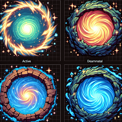 a spritesheet of 2 sprites of a portal, one on and one off.
Single Game Texture. In-Game asset. 2d. Blank background. High contrast. No shadows.