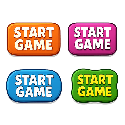Pack of buttons have text "start game", with HD colors, any colors.
In-Game asset.  2d.  High contrast.  No shadows
