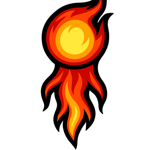 Alev topu alevi aşağı doru olan.
In-Game asset.  2d.  High contrast.  No shadows