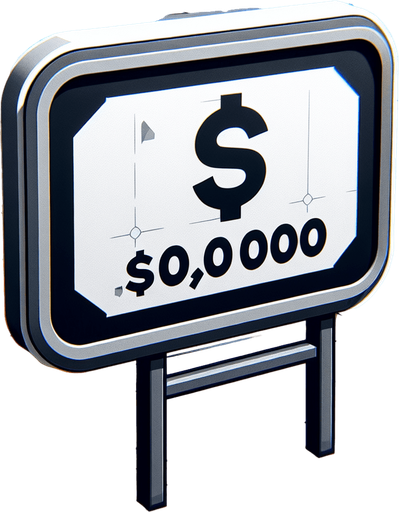 write 10000$ on a sign.
Single Game Texture. In-Game asset. 2d. Blank background. High contrast. No shadows.