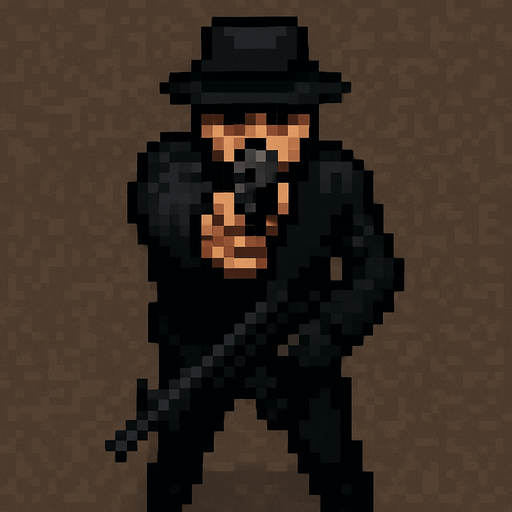 sicario vestido de negro hecho con pixeles y con armas con perspectiva desde arriba visto de frente apuntando con un arma