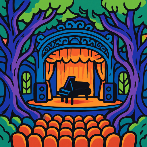 escenario de una Sala de Conciertos Viviente.
In-Game asset.  2d.  High contrast.  No shadows