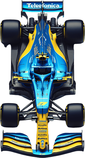 F1 Renaiult race car. Top View. Skyblue and yellow body with deepblue stripes. Deepblue rearwing. Sponsor: "Telefonica"text neonyellow. White"Team Spirit" on front wing. Deepblue"RENAiULT" text on body..
Single Game Texture. In-Game asset. 2d. Blank background. High contrast. No shadows.