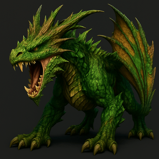 Different standing dragon of forest on four legs, he's head is down and opened mouth to shout. HD colors.
Single Game Texture. In-Game asset. 3D. Blank background. High contrast. No shadows.