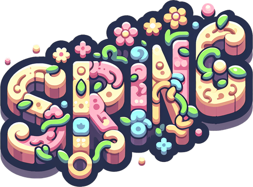 Create a SVG text design in bold cartoon style: "SPRING" in chunky rounded letters with floral accents and vines. Use spring pastels.​​​​​​​​​​​​​​​​.
Single Game Texture. In-Game asset. 2d. Blank background. High contrast. No shadows.