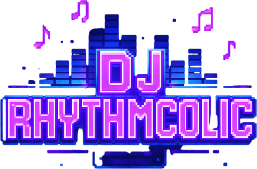A bold and stylish pixel art logo text for the game title “DJ RHYTHMCOLIC” designed for a lo-fi rhythm pixel art game. The text is large, vibrant purple with neon glow effects, featuring a retro pixel font that looks futuristic and energetic. Behind the text, subtle pixelated neon sound waves and small music notes float gently in purple and blue hues, blending with a cozy DJ studio atmosphere. The background is transparent or very dark to highlight the glowing title. The style matches a dreamy, neon-lit nighttime vibe with pixel-perfect detail..
In-Game asset.  2d.  High contrast.  No shadows