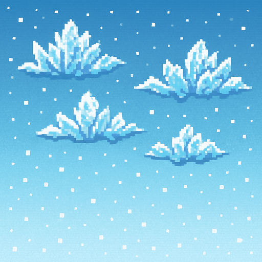 Winter sky, ice-crystal clouds, cold blue-white gradient, snowy atmosphere, frosty background, 2D pixel art.
In-Game asset.  2d.  High contrast.  No shadows