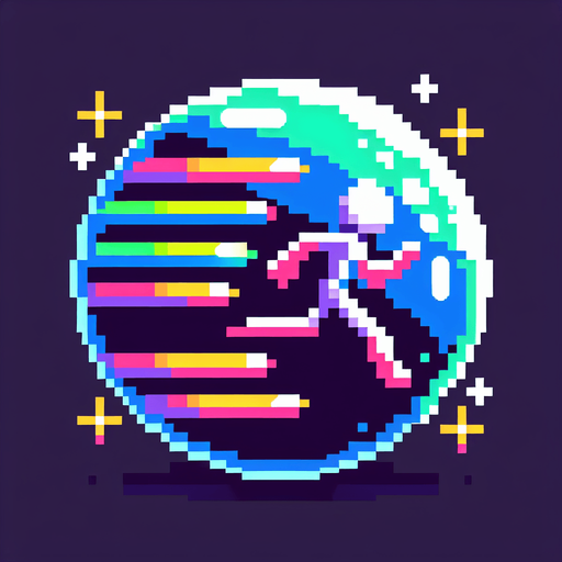 pixel art bubble with a stick figure inside of it that's dashing and add three small lines behind it in neon color..
Single Game Texture. In-Game asset. 2d. Blank background. High contrast. No shadows.