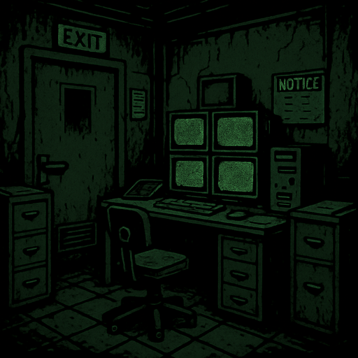 Bana bir ofis odası yap. Biraz gerilim salan ama içinde canavar olmayan eski bir karanlık güvenlik ofis odası gibi olsun.
In-Game asset.  2d.  High contrast.  No shadows