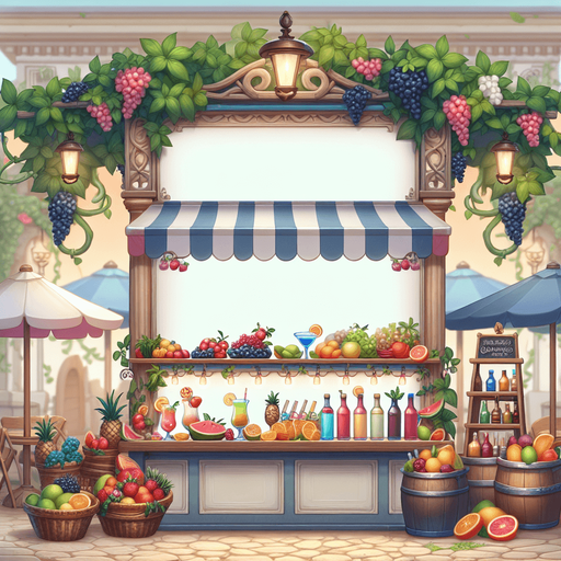 A fullscreen background gui element for an in-game shop. It should be mostly blanks space, but along the edges there could be some structure or decorative vines and items, mostly related to fruits, berries, cocktails in a summer theme..
Single Game Texture. In-Game asset. 2d. Blank background. High contrast. No shadows.