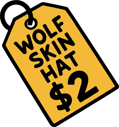 price tag that says wolf skin hat $2.
In-Game asset.  2d.  High contrast.  No shadows