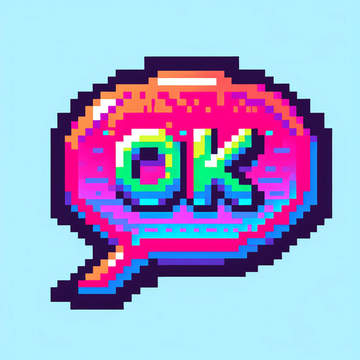 pixel art speech bubble that says "Ok" neon color..
Single Game Texture. In-Game asset. 2d. Blank background. High contrast. No shadows.