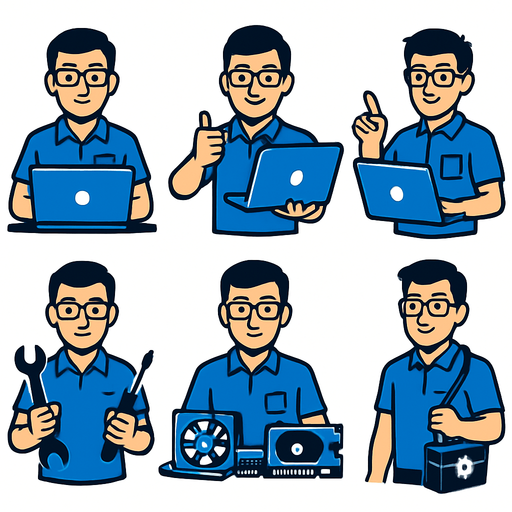 Bilgisayar teknikeri personel, 6 farklı resim olsun..
In-Game asset.  2d.  High contrast.  No shadows