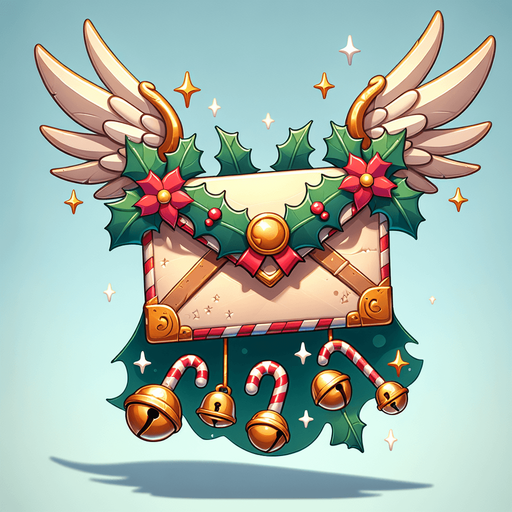flying envelope with wings, christmas style, cartoon Single Game Texture. In-Game asset. 2d. Blank background. High contrast. No shadows.