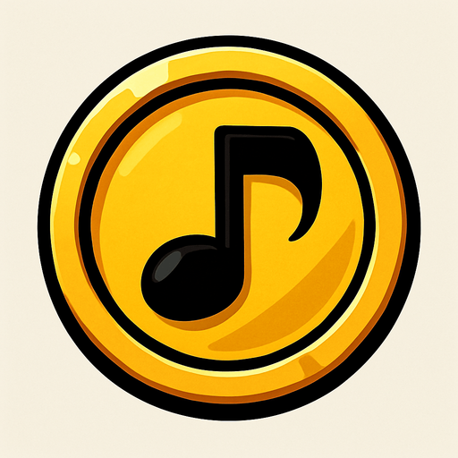 Yuvarlak altın para ortasında 🎶 müzik notası.
In-Game asset.  2d.  High contrast.  No shadows