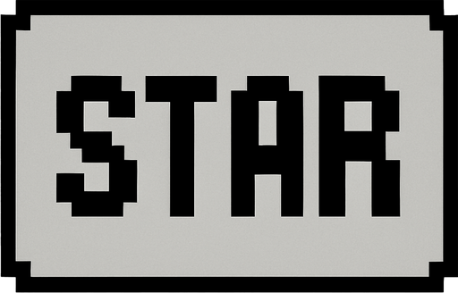 Rectángulo gris con bordes negros que en el sentro tenga la palabra Star pixelada.
In-Game asset.  High contrast.  No shadows