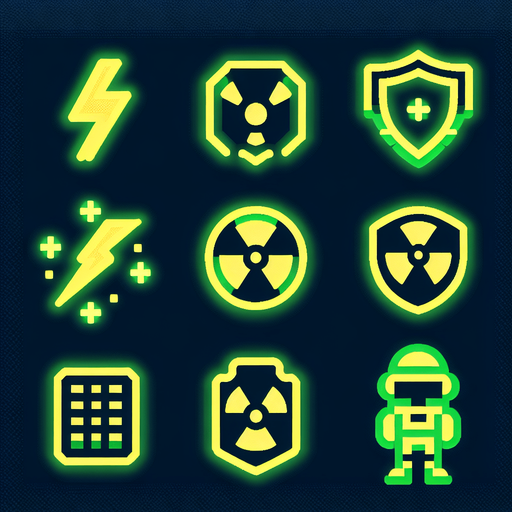 A sprite sheet that has power up icons. Icons include lightning bolt, shield, radioactive symbol and a small soldier. Cyberpunk and using neon glow. Green and yellow highlights. 
Single Game Texture. In-Game asset. 2d. Blank background. High contrast. No shadows.