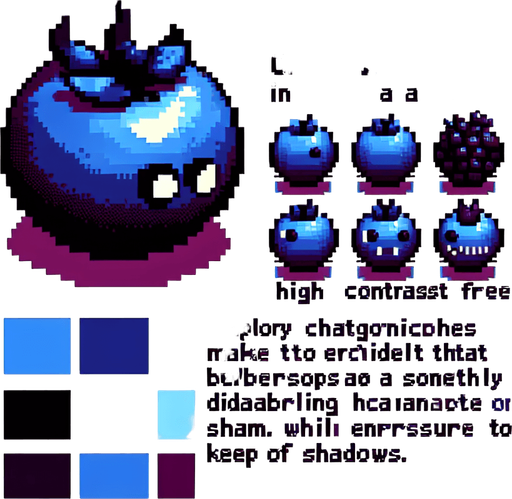 a demonic blueberry pixel style.
Single Game Texture.  In-Game asset.  2d.  Blank background.  High contrast.  No shadows