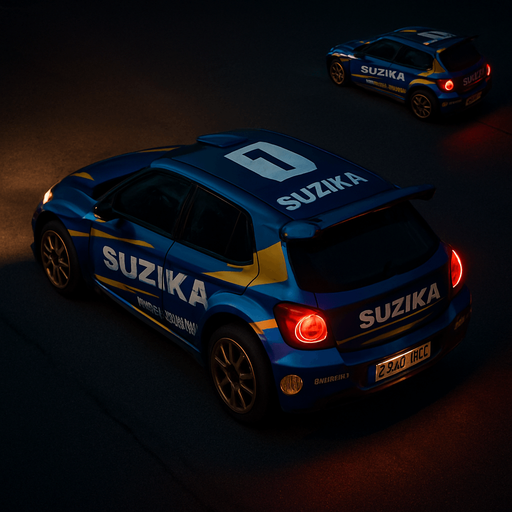 Photorealistic Suzuki Rallycar in nightlight, drone topview from back and 45 degrees angle in top right corner. Replace SUZUKI text to SUZIKA