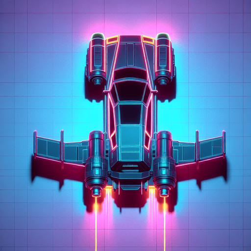 Neon cyberpunk flying car.
Single Game Texture.  Blank background.  High contrast.  No shadows. Top-down