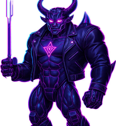 Black leather biker jacket longsleeves bare segmented neon cyberpunk pecs abs muscles robot monster hunk Neon cyberpunk 3d hologram corporate occult demon android mecha robot sentinel guard soldier machine monster fully in frame no part cut off no background anime futuristic