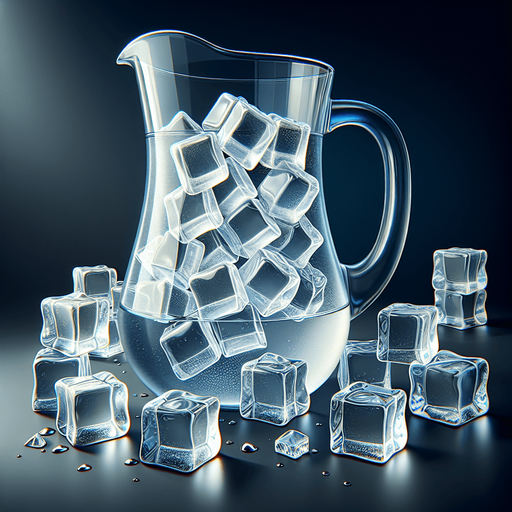 A pitcher full of nice fresh water and ice cubes..
Single Game Texture. In-Game asset. 2d. Blank background. High contrast. No shadows.