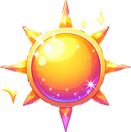 sparkling sun.
Single Game Texture.  In-Game asset.  2d.  Blank background.  High contrast.  No shadows