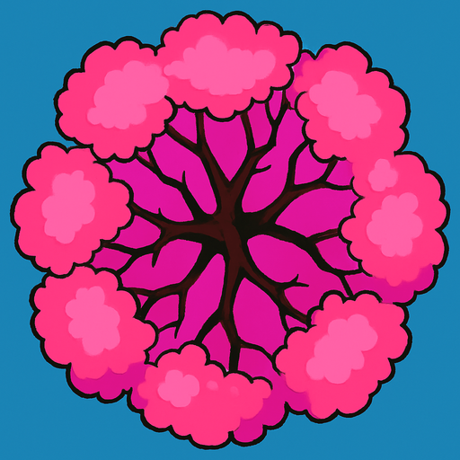 Top view of colorful pink tree looking upwards.
In-Game asset.  2d.  High contrast.  No shadows