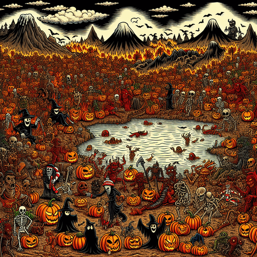 Generate a high quality cartoon background Halloween image on a black canvas similar to the format of where is waldo with a hellish lake environment.
Single Game Texture. In-Game asset. 2d. Blank background. High contrast. No shadows.