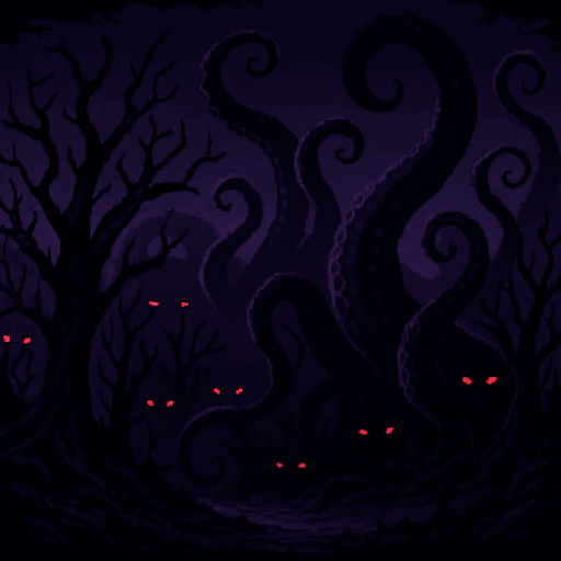 "High-quality 2D pixel art background set at night, with a dark purple atmosphere and eerie lighting. The environment features twisted, dead and infected trees in dark purple and black tones, their branches gnarled like claws. Emerging from the landscape are large, shadowy octopus-like tentacles in shades of violet, wrapping through the trees and terrain. Red glowing eyes are scattered throughout the darkness, hiding within the shadows and between the branches. The scene is ominous and unsettling, perfect for a dark fantasy or horror-themed RPG. Style is detailed 16-bit pixel art, with strong contrast and a moody color palette.
In-Game asset.  2d.  High contrast.  No shadows