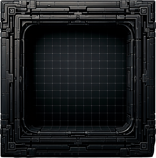 Empty futuristic black application window box..
Single Game Texture. In-Game asset. 2d. Blank background. High contrast. No shadows.