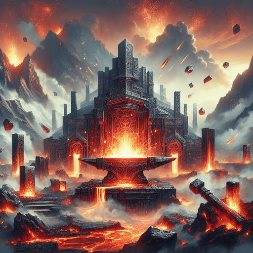Backdrop: A grand forge surrounded by molten lava and glowing hammers mid-swing.

Colors: Fiery reds and oranges with metallic silver and gray.

Details: Sparks flying and glowing weapon fragments scattered around..
Single Game Texture. In-Game asset. 2d. Blank background. High contrast. No shadows.