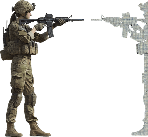 jungle soldier stand shoot the target right direction.
Single Game Texture.  In-Game asset.  2d.  Blank background.  High contrast.  No shadows