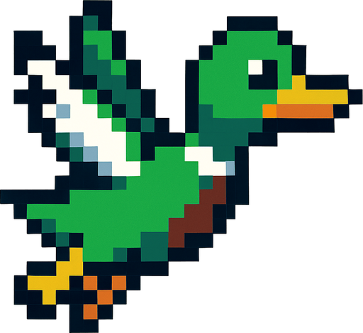 pixart green duck flying.
In-Game asset.  2d.  High contrast.  No shadows