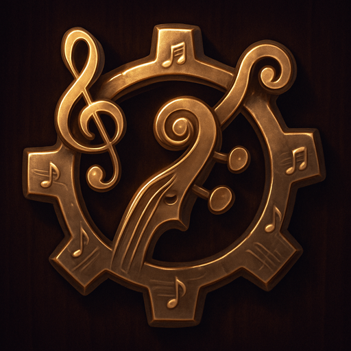 Design an icon for the Settings menu in a fantasy tower defense game set in a haunted concert hall. The icon should be a stylized gear or cogwheel, but with a musical twist: integrate treble clefs, tuning pegs, or parts of old instruments (like violin scrolls or piano strings) into the gear design.

Use metallic textures (bronze, dark gold, or polished silver), with soft magical glow or engraved music notes along the edges.
Background should be subtle—deep velvet or dark wood, with ambient lighting to highlight the gear.

Icon must be square (256×256 px), readable at small sizes, and include no text.
Style: elegant, orchestral fantasy UI—matching the tone of a classical concert hall with magical elements..
In-Game asset.  2d.  High contrast.  No shadows