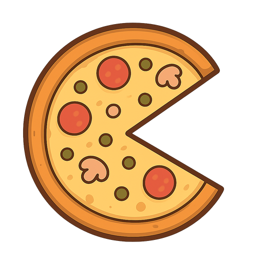 Yuvarlak bir pizzanın bir dilimini alınmış olacak ve boş kısım ağzı olacak şekilde sürekli açıp kapatsın ağzını . No background. Transparent background. Blank background. No shadows. 2d. In-Game asset. flat