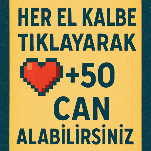 Her el kalbe tıklayarak +50 can alabilirsiniz." yazan bir yazı oluştur . Dikey formatta olsun . Retro temada olsun , arka plan soluk renklerde sarı lacivert olsun . Yazı formatı çok büyük olmasın . Yazılar ekranda rahat rahat okunabilsin . Yazılar tüm ekranı kaplamasın . Oluşturacağın görselin alt ve üstünde boşluklar olsun , yazı ortada olsun görselde ! 
In-Game asset.  2d.  High contrast.  No shadows