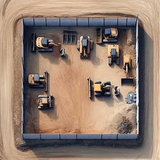 A small Constrution Yard. 
No people, No buidings, just 2-3 construction machinery with a fence.
No perspective, Directly from above