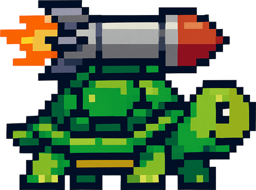 a turtle having a misile on her shell, pixelart.
In-Game asset.  2d.  High contrast.  No shadows