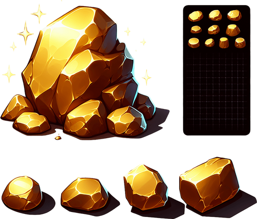 gold rocks.
Single Game Texture. In-Game asset. 2d. Blank background. High contrast. No shadows.