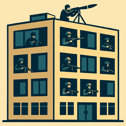 büyük modern bir bina, bazı camlarında silahlı insanlar var, çatısında roket atar var..
In-Game asset.  2d.  High contrast.  No shadows