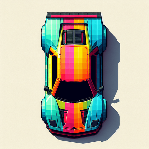 colorful car. orthographic top view.
Single Game Texture.  In-Game asset.  2d.  Blank background.  High contrast.  No shadows