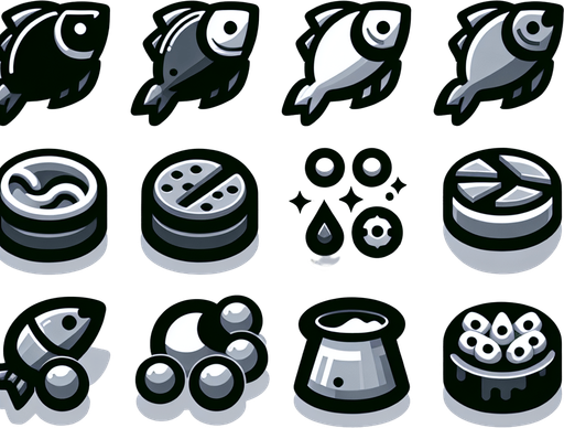 набор иконок в одном стиле. Иконка рыбы и корма для нее.
Single Game Texture.  In-Game asset.  2d.  Blank background.  High contrast