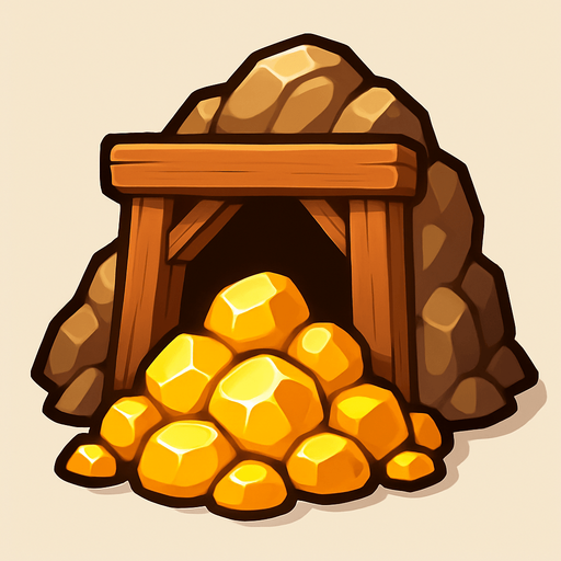 Crea un nodo de recurso de Mina de Oro en un estilo 2D renderizado, limpio y cartoonish, con contornos claros y definidos, colores vibrantes con transiciones suaves, y sombreado que dé volumen. Debe ser fácilmente reconocible como una fuente de oro..
In-Game asset.  2d.  High contrast.  No shadows