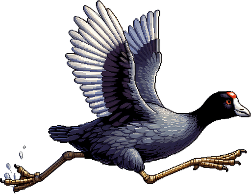 American Coot sprite sheet. Running with wings up..
Single Game Texture. In-Game asset. 2d. Blank background. High contrast. No shadows.