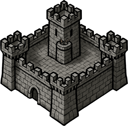 17. century tower castle square shaped 1x1 medeval military base,grey coloured top-down look , simple design, medieval-semirealistic..
In-Game asset.  2d.  High contrast.  No shadows