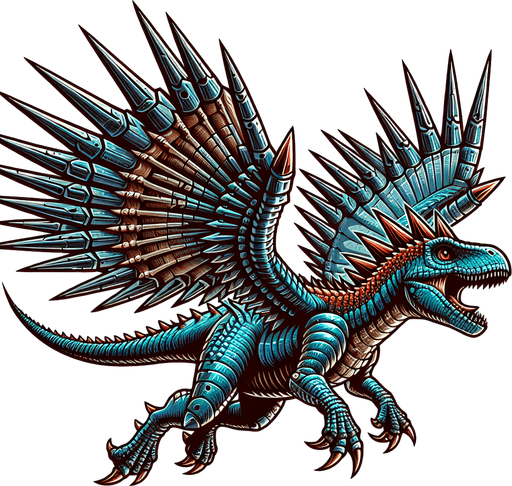 Flying dinosaur with spikes.
Single Game Texture.  In-Game asset.  2d.  Blank background.  High contrast.  No shadows