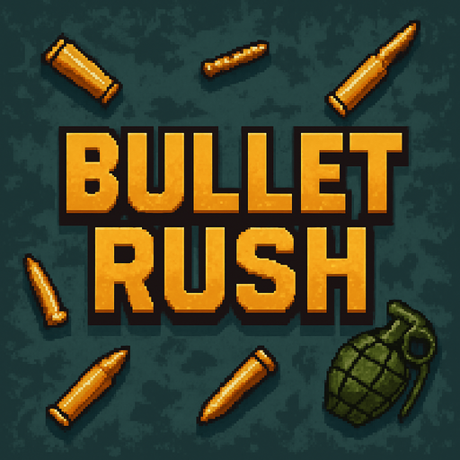 Create an title image written "Bullet Rush" in it, add some elements of war like bulets and make it in a semirealistic 16bit style.
In-Game asset.  2d.  High contrast.  No shadows