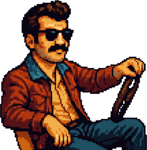 pixel art image of a 34-year-old cool-looking driver guy in a vintage retro 1980s style, Turkish style depicted in a 3/4 view. The driver should be leaning back casually, exuding confidence and style, with one hand on the wheel as if driving. Single Game Texture. In-Game asset. 2d. Blank background. High contrast. No shadows.